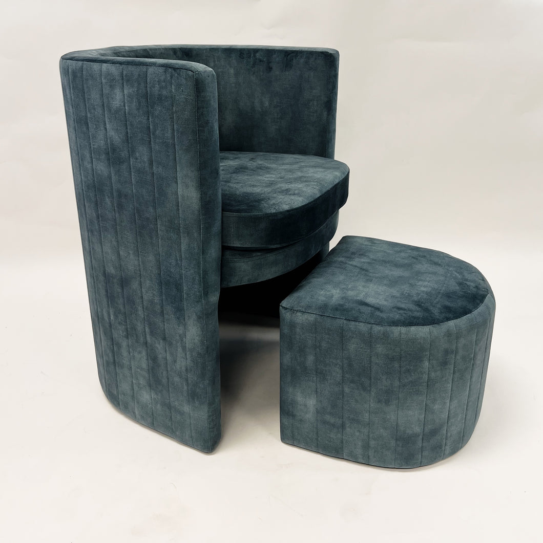 Barrel Chair and Ottoman Set-Blue Velvet