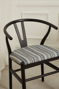 Set of 2 Pia Wishbone Dining Chairs-Black with Stripe Cushion